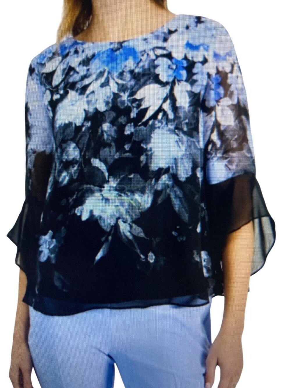Kasper Women's Cascading Floral Ruffle-Sleeve Charcoal Blouse PM  NWT